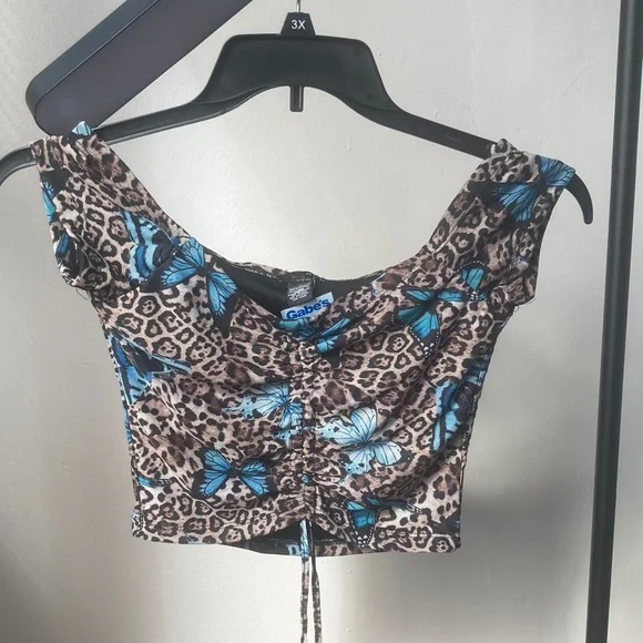 3/$12 Rue21 top Butterfly animal print cinch string in front casual boho M jr - Picture 4 of 17